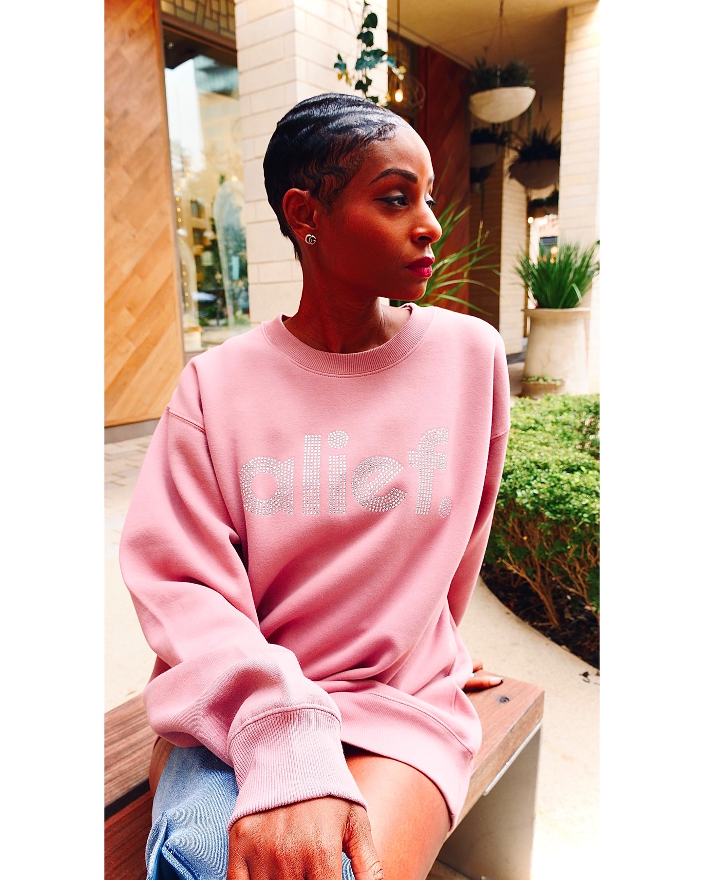 Alief Rhinestone Crewneck - Pink