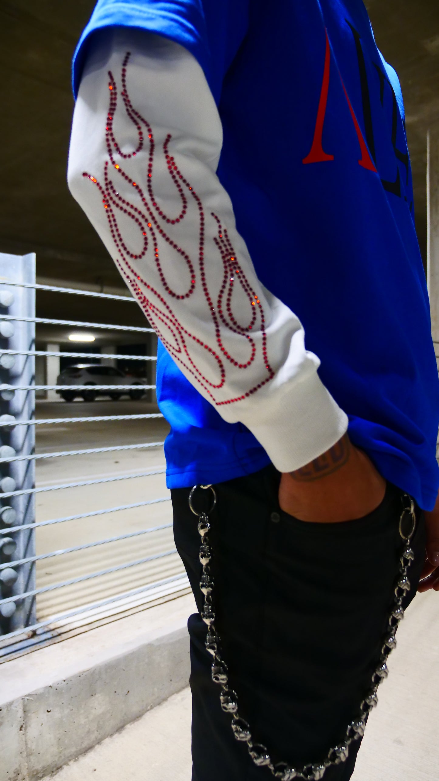 Luxury Alief Long Sleeve T-shirt - Blue & White /Red Rhinestone