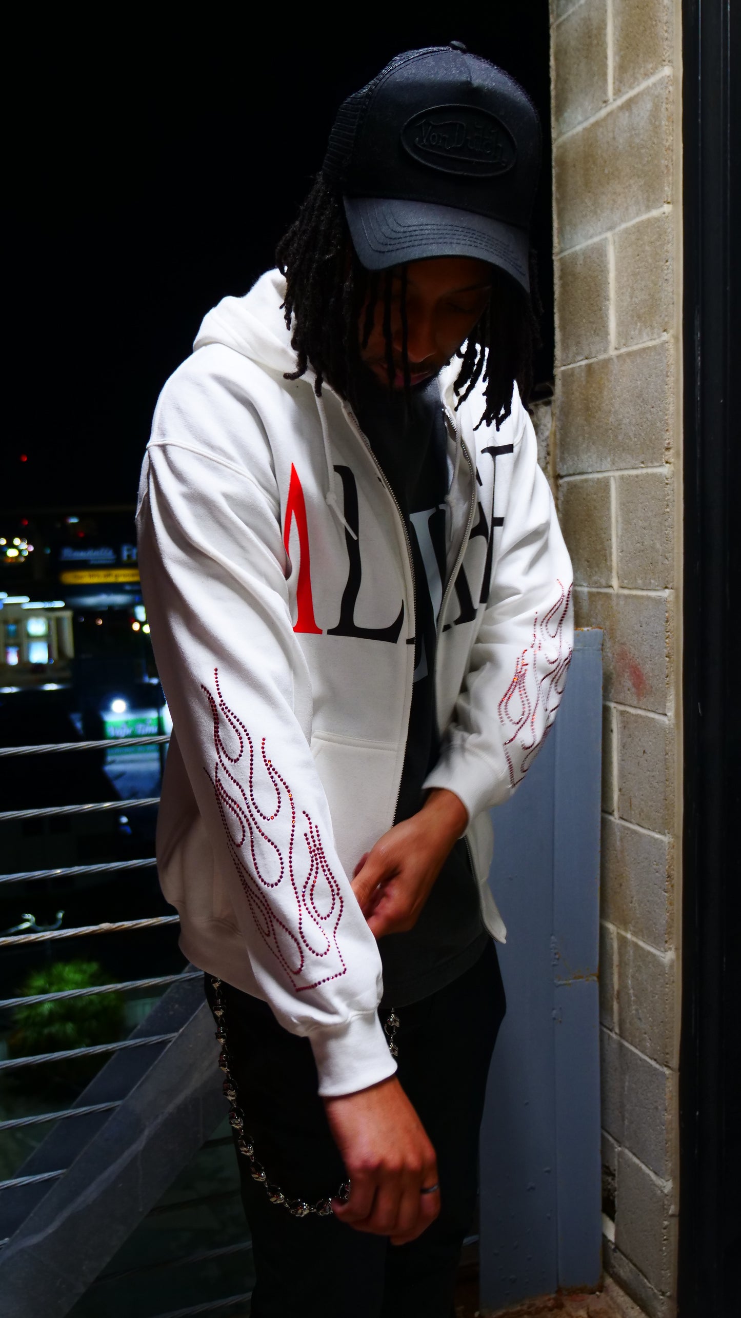 Luxury Alief Hoodie- White/Red Rhinestone