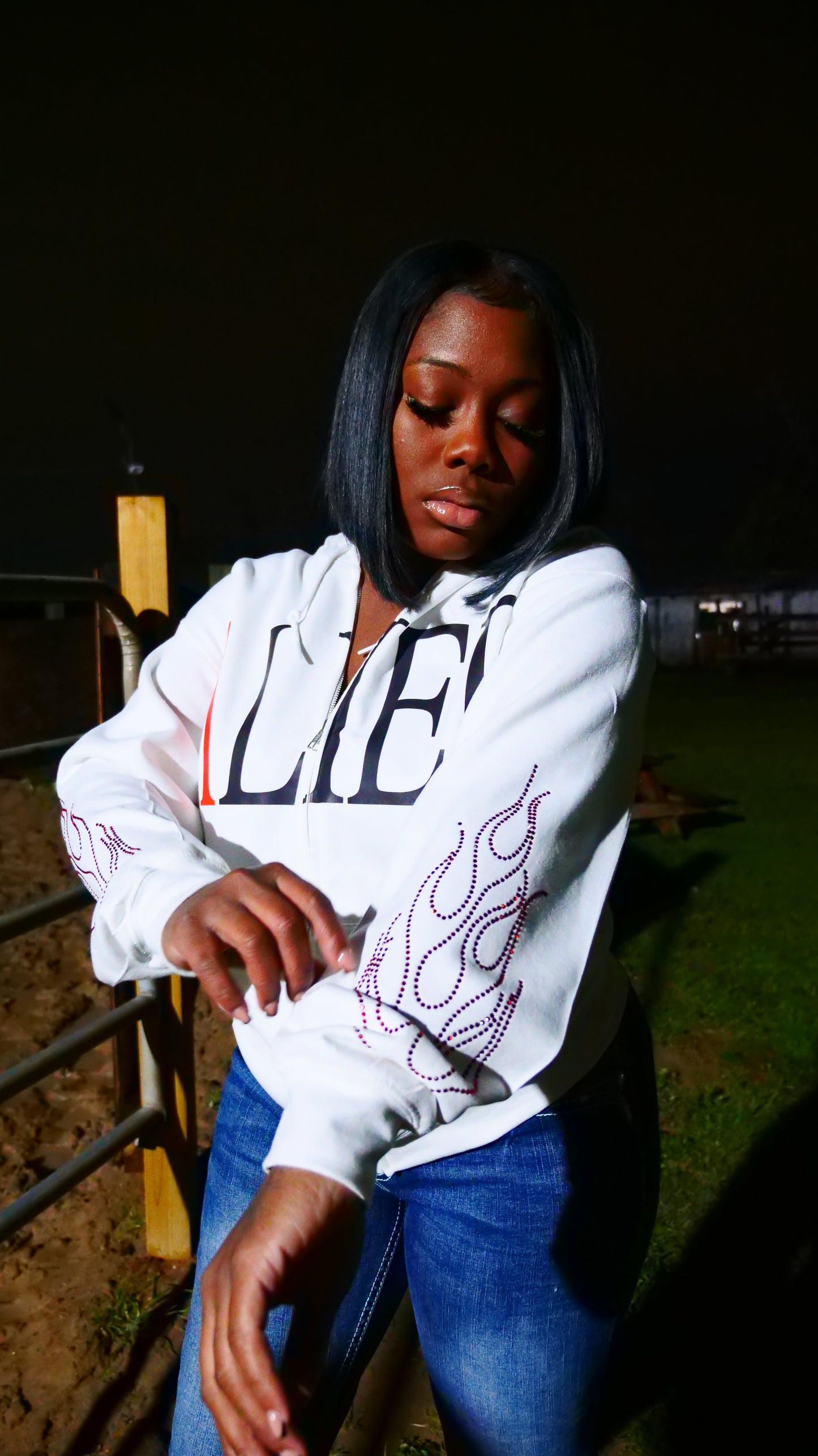 Luxury Alief Hoodie- White/Red Rhinestone