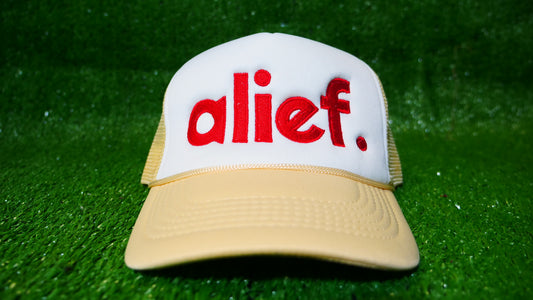 Bold Alief Trucker Hat - Tan and White/Red