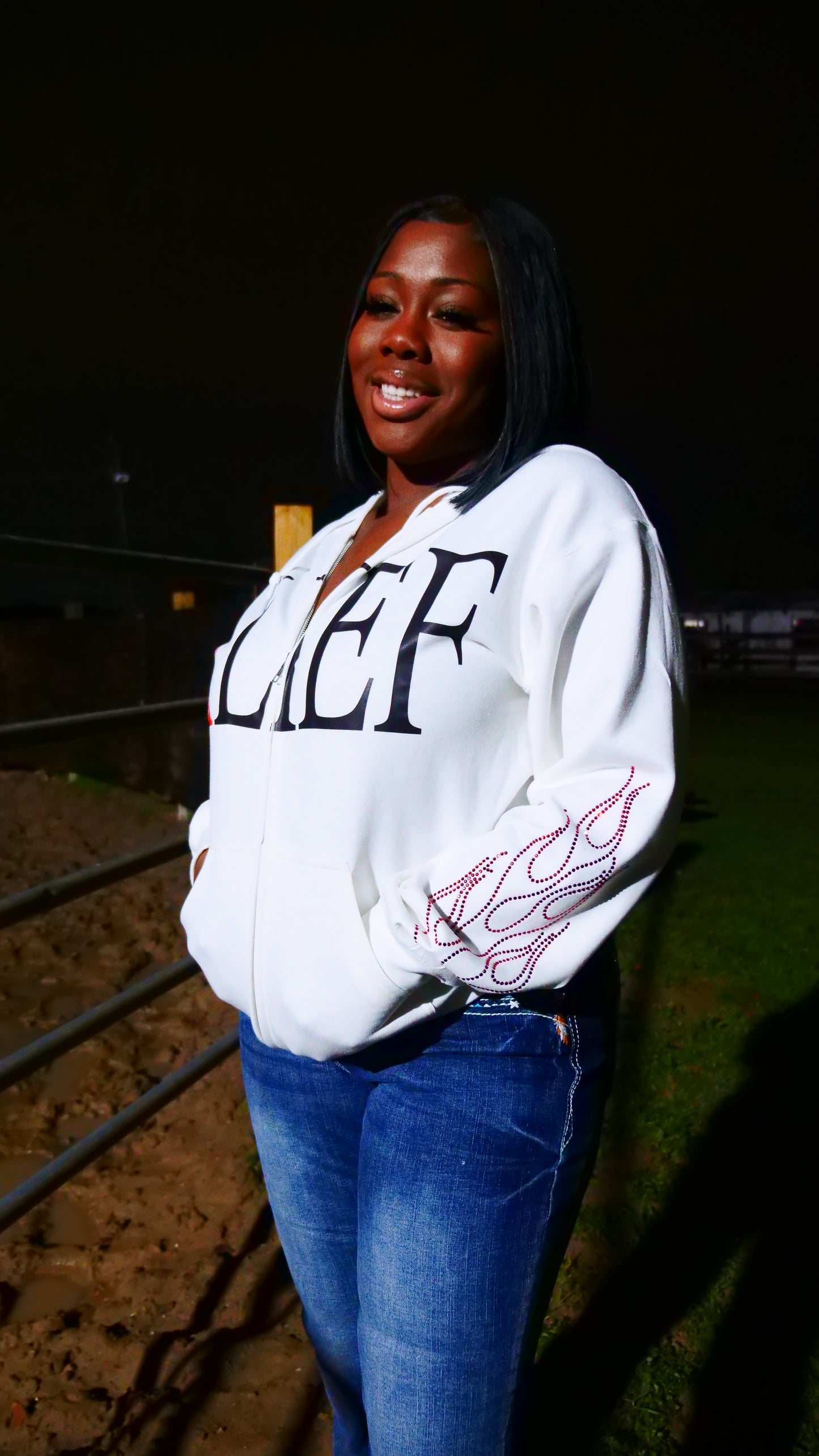 Luxury Alief Hoodie- White/Red Rhinestone