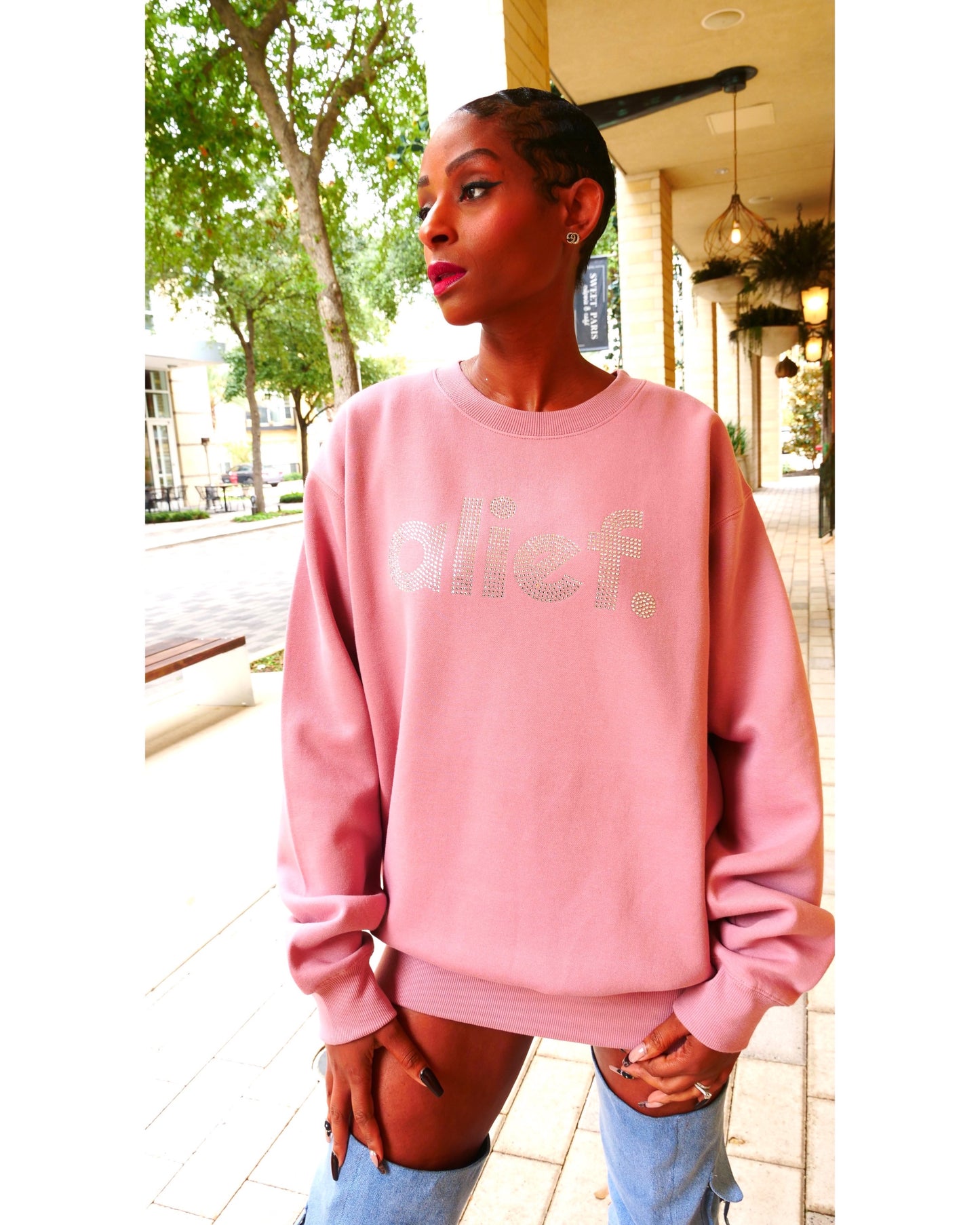 Alief Rhinestone Crewneck - Pink