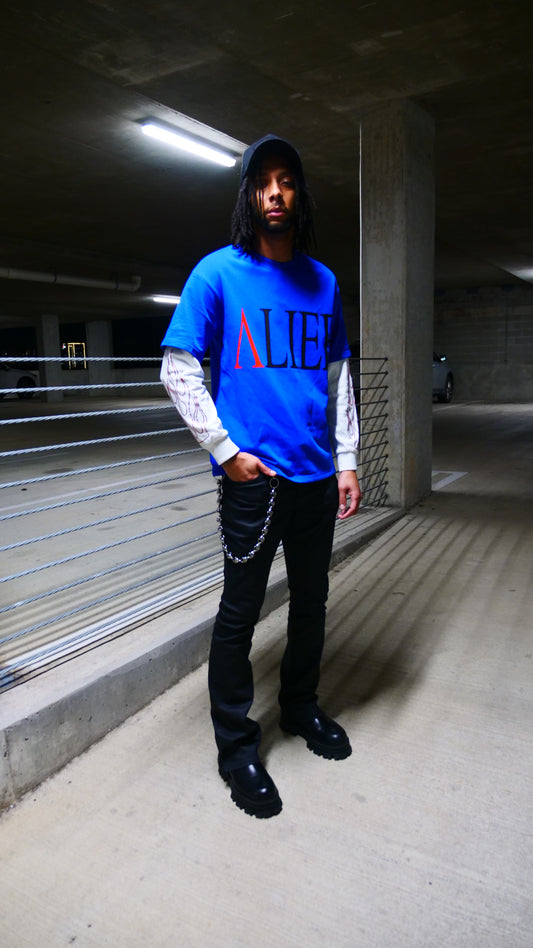 Luxury Alief Long Sleeve T-shirt - Blue & White /Red Rhinestone