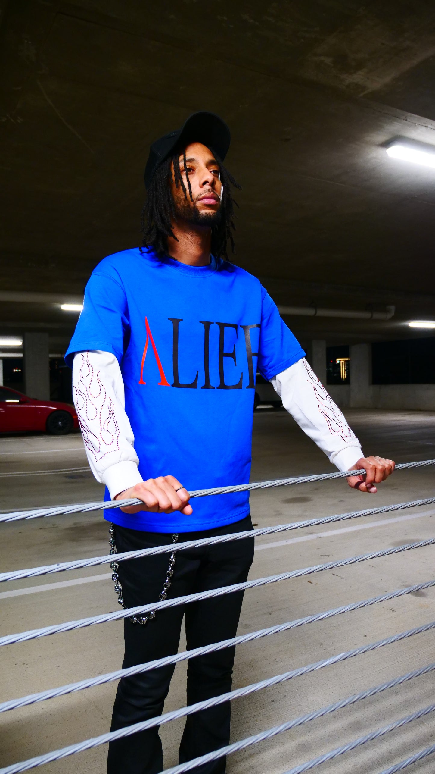 Luxury Alief Long Sleeve T-shirt - Blue & White /Red Rhinestone