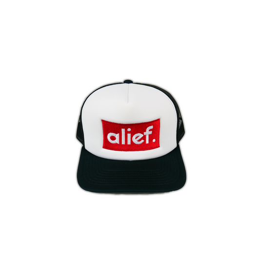 Alief Red Box Trucker Hat - Black and White